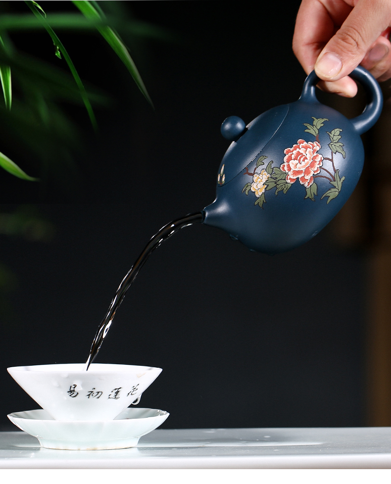 純手工紫砂壺，小巧琺瑯印花紫砂壺